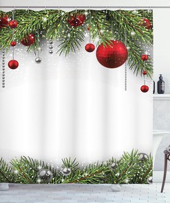 Holiday Season Shower Curtain, Pine Leaves Ball Classic Design Print in Green Silver White Bathroom Decor