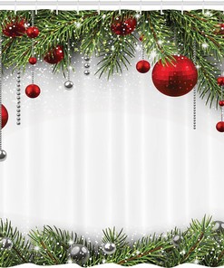 Holiday Season Shower Curtain, Pine Leaves Ball Classic Design Print in Green Silver White Bathroom Decor