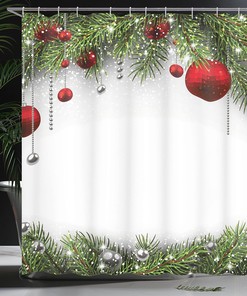 Holiday Season Shower Curtain, Pine Leaves Ball Classic Design Print in Green Silver White Bathroom Decor