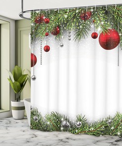 Holiday Season Shower Curtain, Pine Leaves Ball Classic Design Print in Green Silver White Bathroom Decor