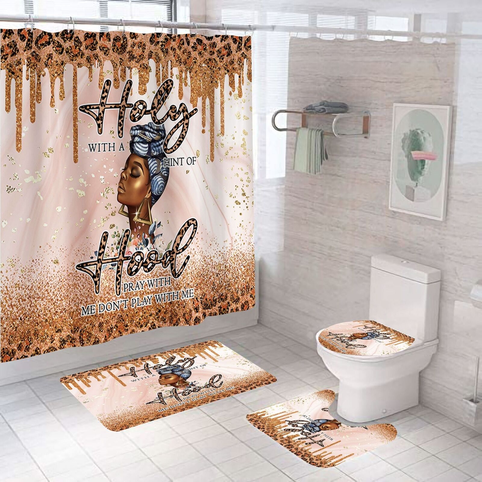 Holy Hood African American Shower Curtain - 4 Piece Set for Bathroom Decor