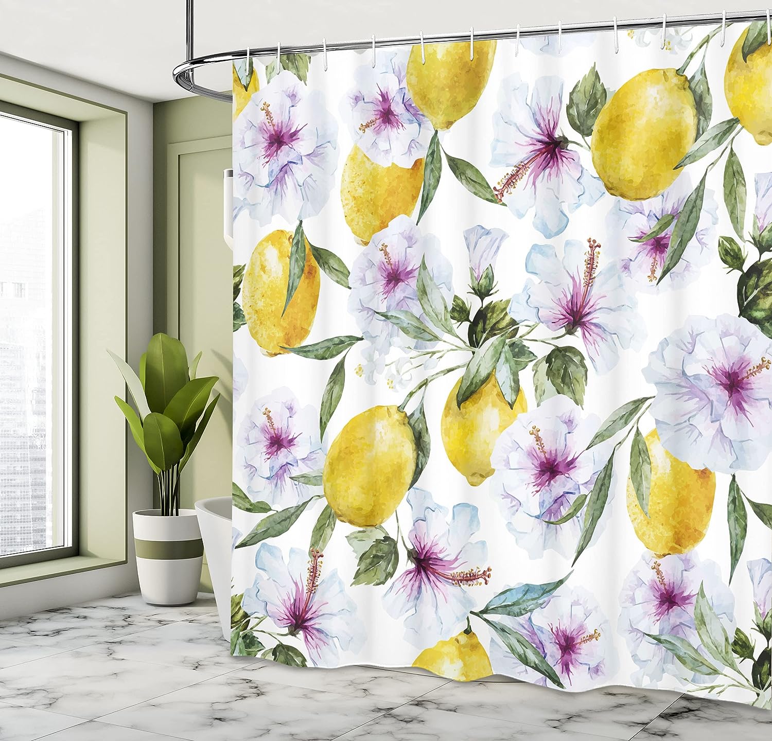 Home Decor Spring Shower Curtain, Flowers and Lemons Bathroom Curtain