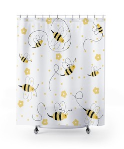 Honey Bees Shower Curtain for Bathroom Decor - Cute and Charming Yellow Flowers Pattern