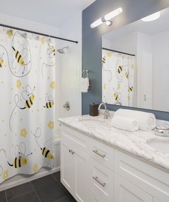 Honey Bees Shower Curtain for Bathroom Decor - Cute and Charming Yellow Flowers Pattern