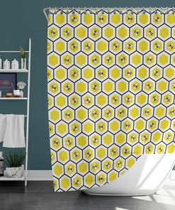 Honeycomb Shower Curtain with Bees and Beehive Design - Home Bath Decor for Farmhouse