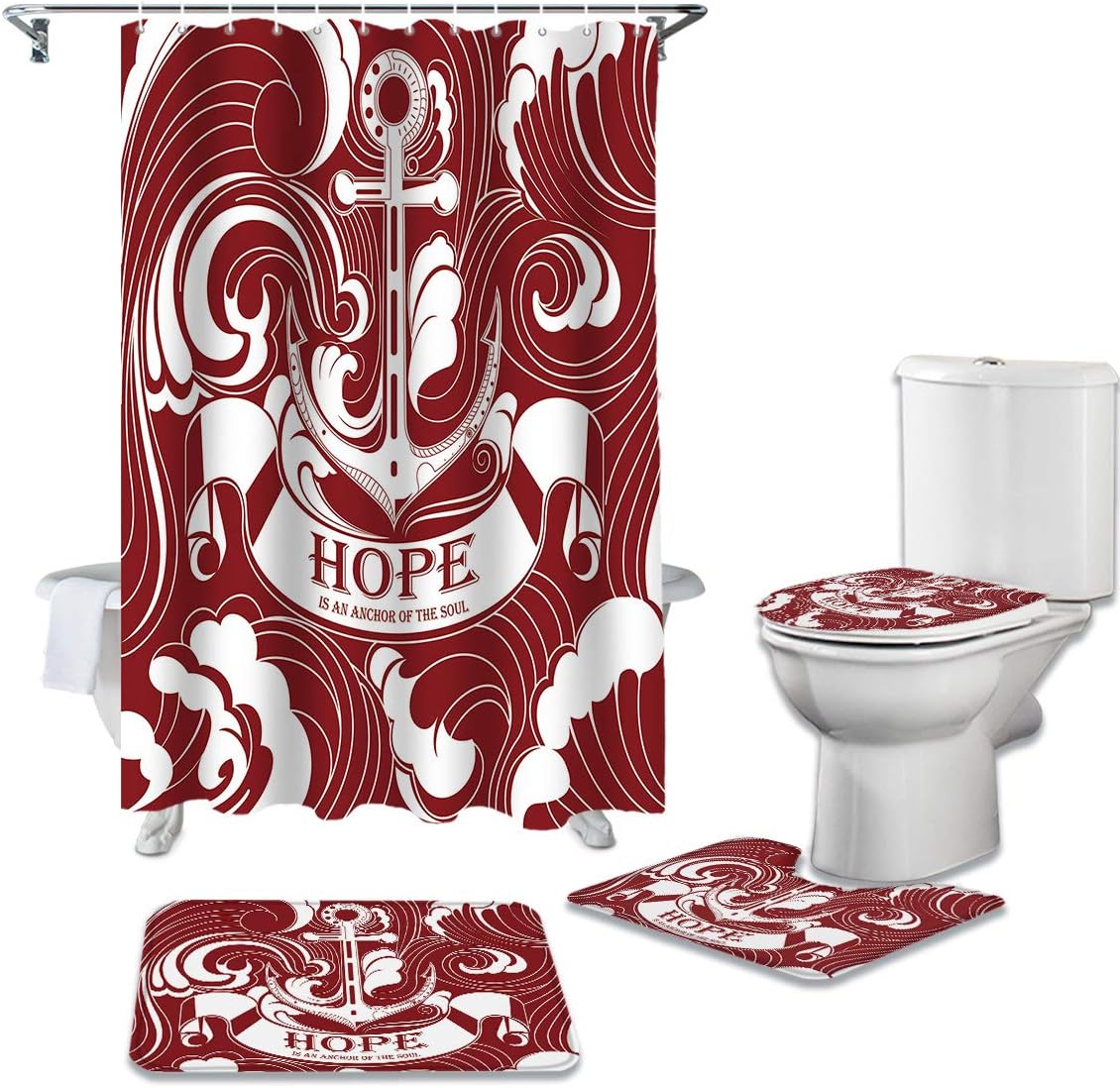 Hope is the Anchor of the Soul Shower Curtain with Red White Print for an Encouraging Bathroom Decor