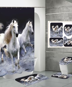 Horse Pattern Animal Print Shower Curtain with Floor Mat for Bathroom