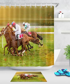 Horse Racing Shower Curtain Waterproof Fabric Bathroom Hooks