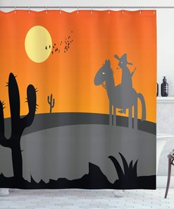 Hot Mexico Landscape Shower Curtain, Southwestern Bathroom Decor with Cartoon Cactus and Horse Rider, Grey Orange 69 x 69