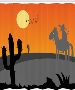Hot Mexico Landscape Shower Curtain, Southwestern Bathroom Decor with Cartoon Cactus and Horse Rider, Grey Orange 69 x 69