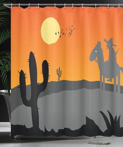 Hot Mexico Landscape Shower Curtain, Southwestern Bathroom Decor with Cartoon Cactus and Horse Rider, Grey Orange 69 x 69