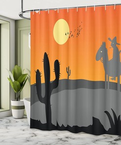 Hot Mexico Landscape Shower Curtain, Southwestern Bathroom Decor with Cartoon Cactus and Horse Rider, Grey Orange 69 x 69