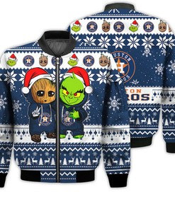 Houston Astros Baby Groot And Grinch Best Friends Football American Ugly Christmas Sweater Gifts Unisex 3D Bomber Jacket