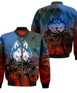 Houston Baptist Huskies Bomber Jacket Coconut Tree Tropical Grunge - NCAA