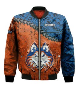 Houston Baptist Huskies Bomber Jacket Grunge Polynesian Tattoo- NCAA