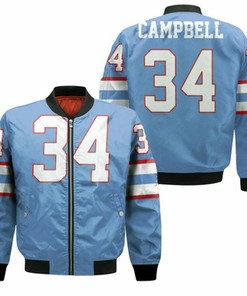 Houston Oilers Earl Campbell Light Blue 1980 Throwback Retired Player Jersey Inspired Style Bomber Jacket Model 2519
