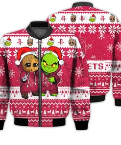Houston Rockets Baby Groot And Grinch Best Friends Football American Ugly Christmas Sweater Gifts Unisex 3D Bomber Jacket