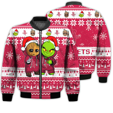Houston Rockets Baby Groot And Grinch Best Friends Football American Ugly Christmas Sweater Gifts Unisex 3D Bomber Jacket