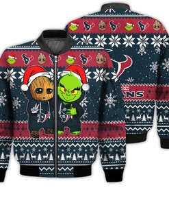 Houston Texans Baby Groot And Grinch Best Friends Football American Ugly Christmas Sweater Gifts Unisex 3D Bomber Jacket