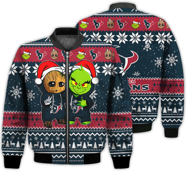 Houston Texans Baby Groot And Grinch Best Friends Football American Ugly Christmas Sweater Gifts Unisex 3D Bomber Jacket