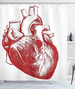 Human Heart Anatomy Shower Curtain, Monochromatic Cardio Organ Print for Bathroom Decor, Vermilion and White Cloth Fabric