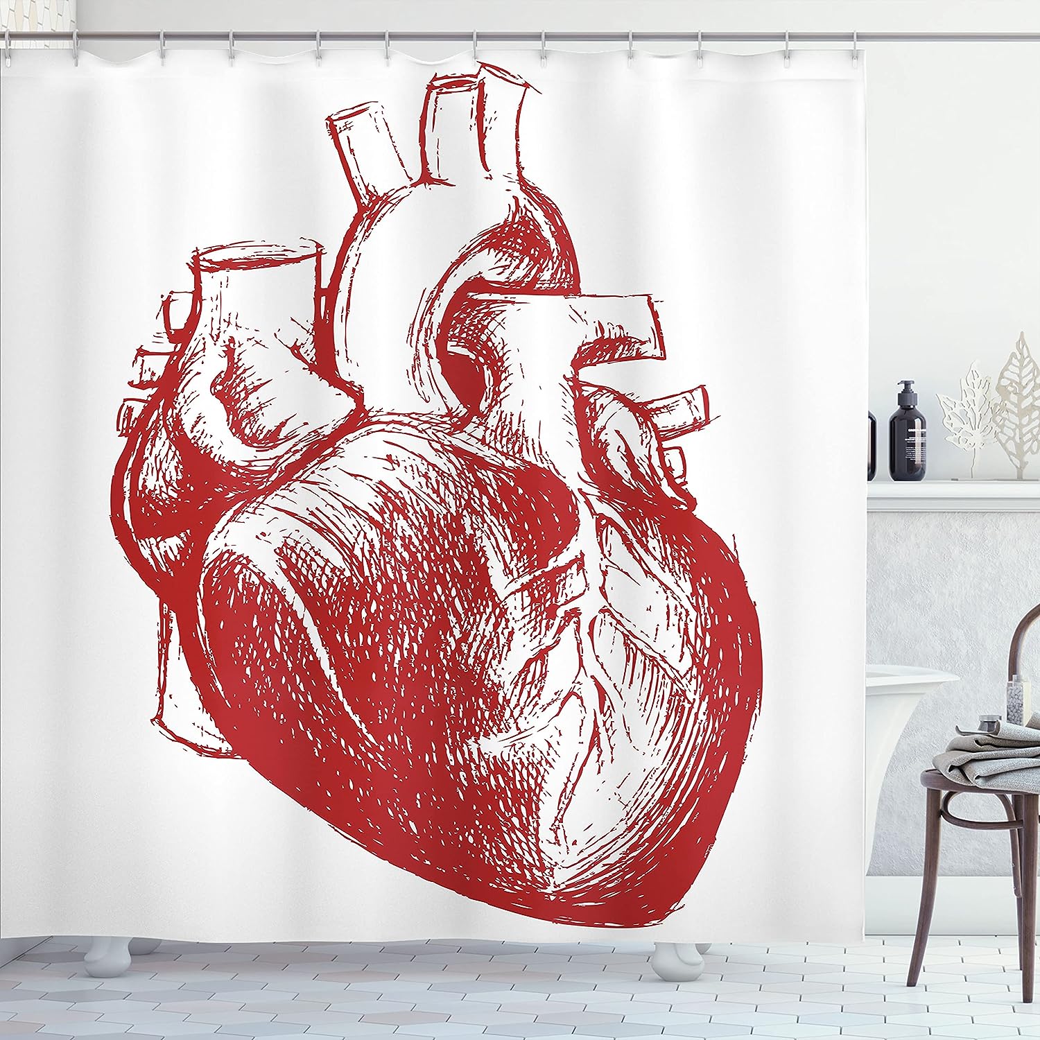 Human Heart Anatomy Shower Curtain, Monochromatic Cardio Organ Print for Bathroom Decor, Vermilion and White Cloth Fabric