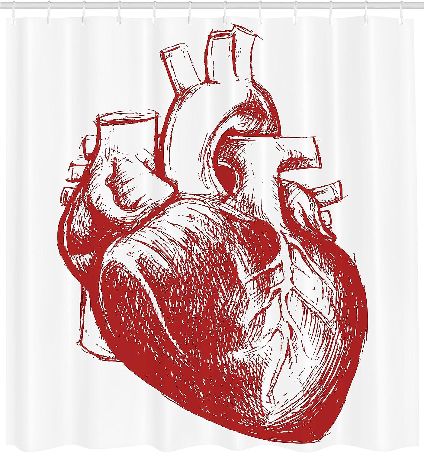 Human Heart Anatomy Shower Curtain, Monochromatic Cardio Organ Print for Bathroom Decor, Vermilion and White Cloth Fabric