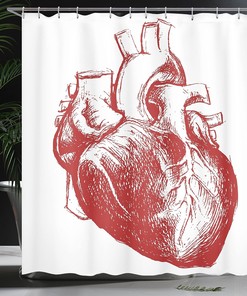 Human Heart Anatomy Shower Curtain, Monochromatic Cardio Organ Print for Bathroom Decor, Vermilion and White Cloth Fabric