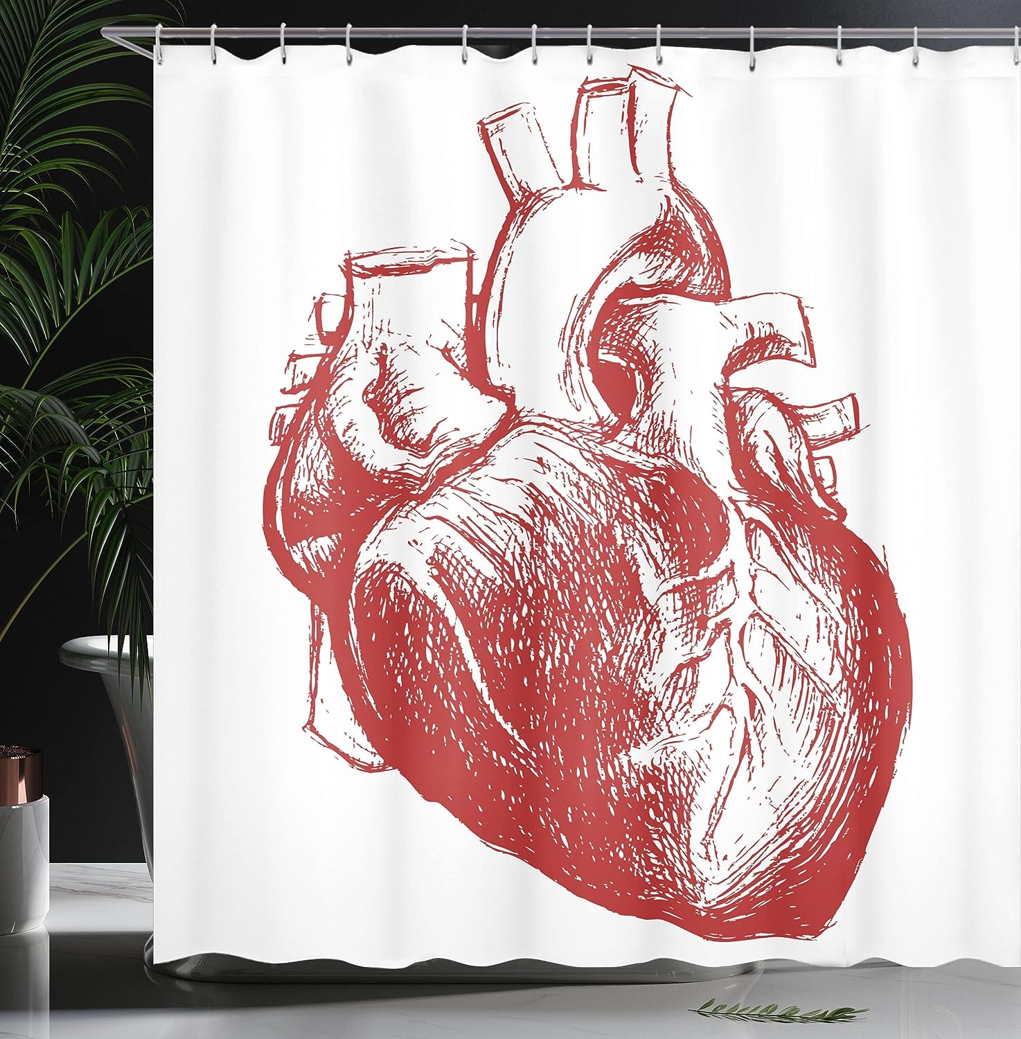 Human Heart Anatomy Shower Curtain, Monochromatic Cardio Organ Print for Bathroom Decor, Vermilion and White Cloth Fabric