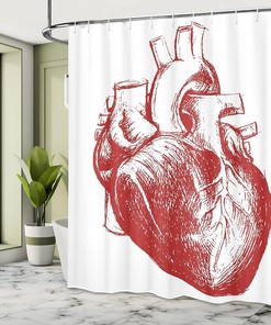Human Heart Anatomy Shower Curtain, Monochromatic Cardio Organ Print for Bathroom Decor, Vermilion and White Cloth Fabric