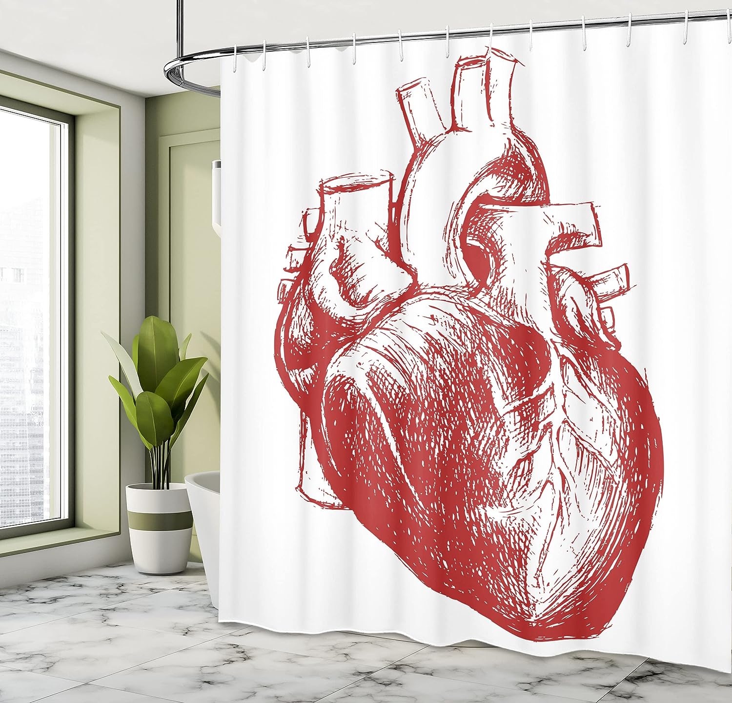 Human Heart Anatomy Shower Curtain, Monochromatic Cardio Organ Print for Bathroom Decor, Vermilion and White Cloth Fabric