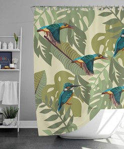 Hummingbird & Monstera Shower Curtain for Tropical Bathroom Decor