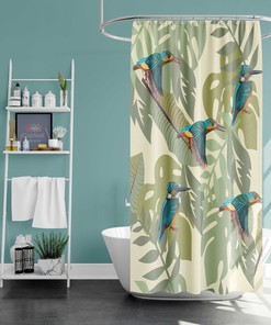 Hummingbird & Monstera Shower Curtain for Tropical Bathroom Decor
