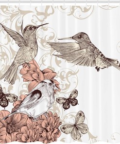 Hummingbird Shower Curtain - Vintage Artwork with Birds Butterflies Bath Curtain for Chic Bathroom Decor