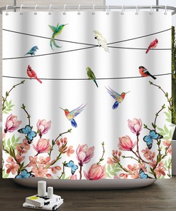 Hummingbird and Flower Fabric Shower Curtain for Modern Home Bathrooms