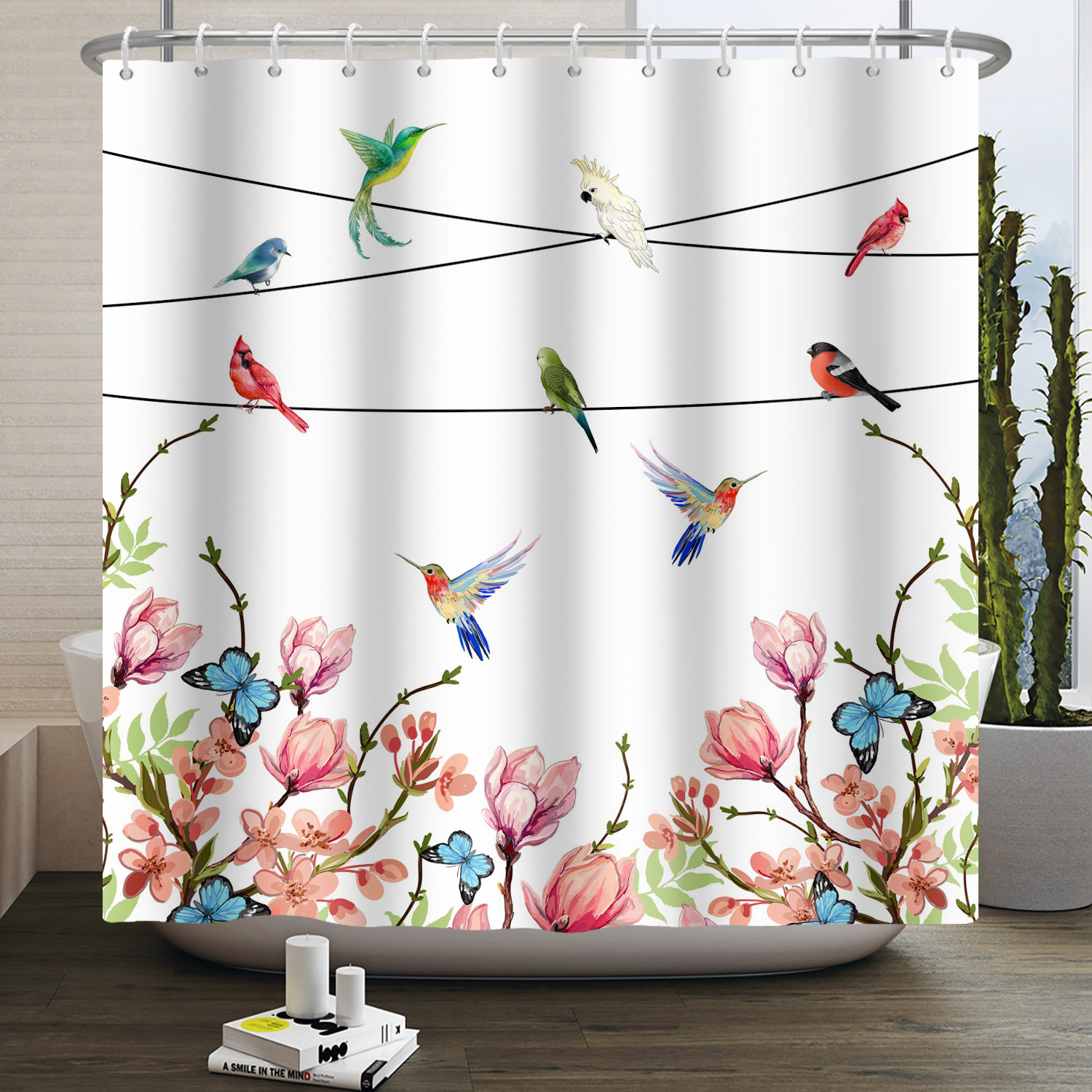 Hummingbird and Flower Fabric Shower Curtain for Modern Home Bathrooms