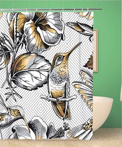 Hummingbird and Hibiscus Flowers Gray Geometric Shower Curtain, Waterproof Fabric, Home and Bathroom Decor