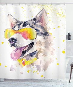 Husky Dog Shower Curtain, Watercolor Cool Puppy Picture with Sunglasses- Bathroom Decor
