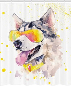Husky Dog Shower Curtain, Watercolor Cool Puppy Picture with Sunglasses- Bathroom Decor