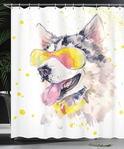 Husky Dog Shower Curtain, Watercolor Cool Puppy Picture with Sunglasses- Bathroom Decor