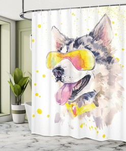 Husky Dog Shower Curtain, Watercolor Cool Puppy Picture with Sunglasses- Bathroom Decor