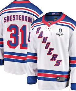 Igor Shesterkin 31 New York Rangers Stanley Cup 2023 Playoffs Patch Away Breakaway Men Jersey - White