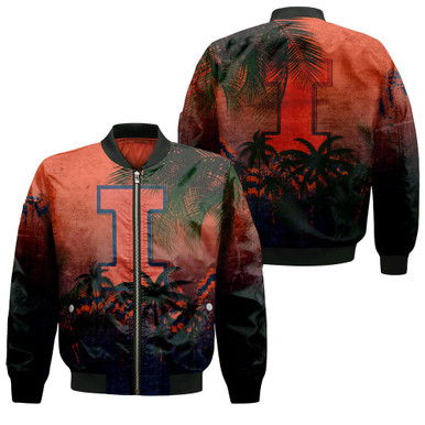 Illinois Fighting Illini Bomber Jacket Coconut Tree Tropical Grunge - NCAA