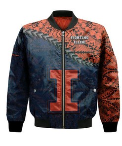 Illinois Fighting Illini Bomber Jacket Grunge Polynesian Tattoo- NCAA