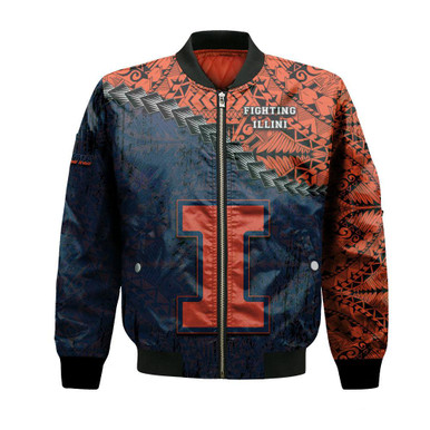 Illinois Fighting Illini Bomber Jacket Grunge Polynesian Tattoo- NCAA