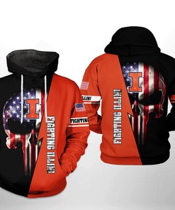 Illinois Fighting Illini NCAA US Flag Skull 3D All Over Print Hoodie, Zip-Up Hoodie
