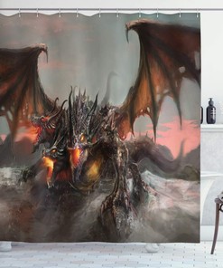 Illustration Dragon Large Monster Cloth Fabric Shower Curtain, Three Headed Breathing Gothic Theme, Bathroom Decor