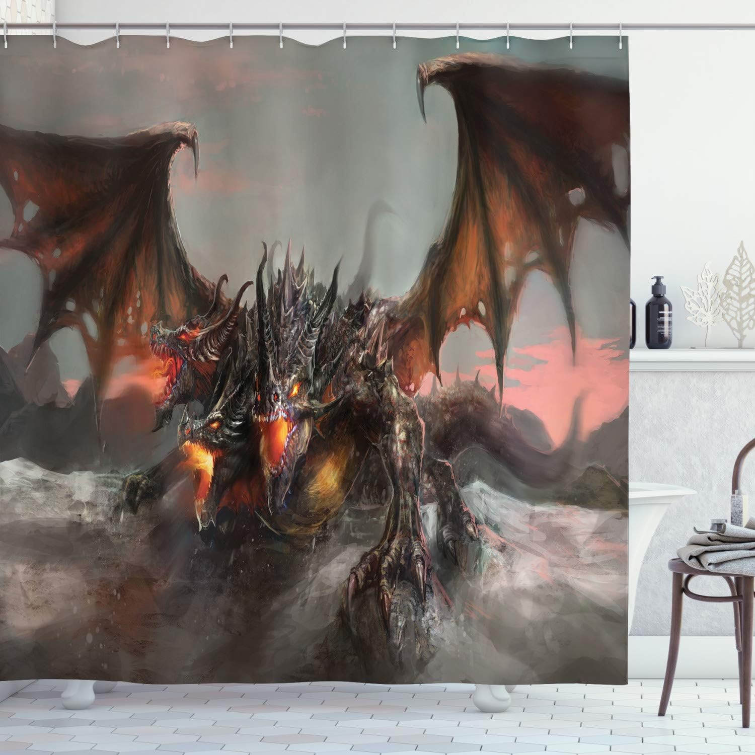 Illustration Dragon Large Monster Cloth Fabric Shower Curtain, Three Headed Breathing Gothic Theme, Bathroom Decor