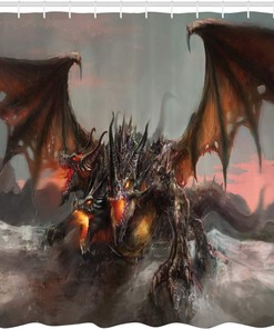 Illustration Dragon Large Monster Cloth Fabric Shower Curtain, Three Headed Breathing Gothic Theme, Bathroom Decor