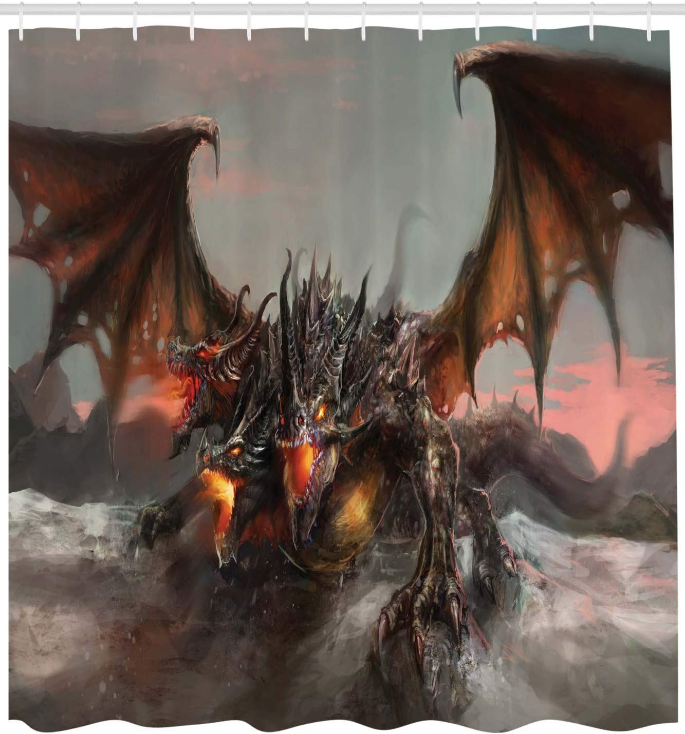 Illustration Dragon Large Monster Cloth Fabric Shower Curtain, Three Headed Breathing Gothic Theme, Bathroom Decor